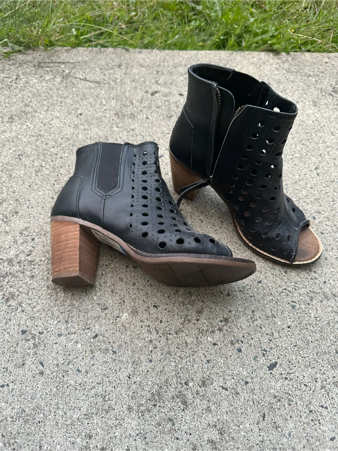 TOMS Black Perforated Peep-Toe Ankle Boots