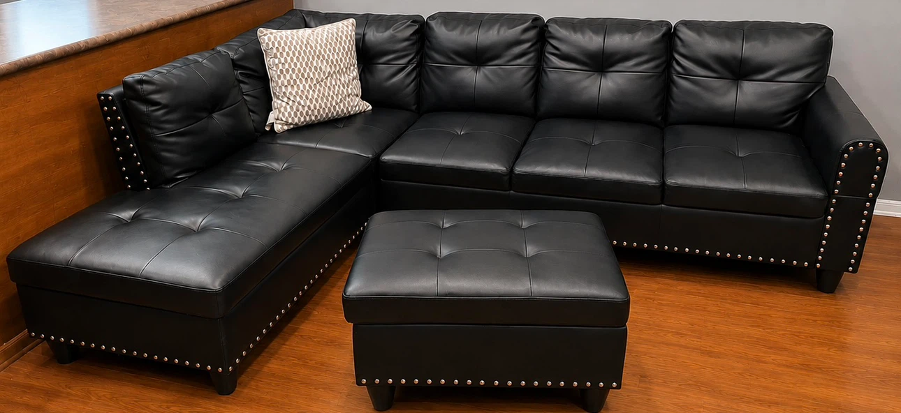 Black Faux Leather Sectional Sofa with Ottoman