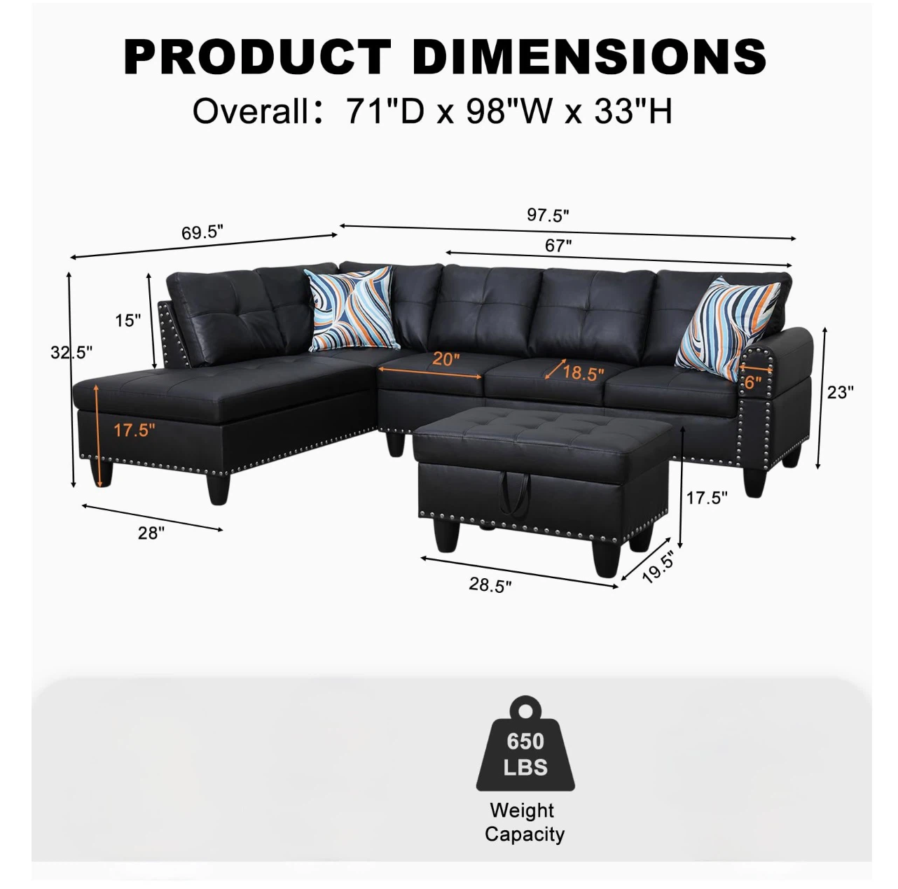 Black Faux Leather Sectional Sofa with Ottoman - photo 2