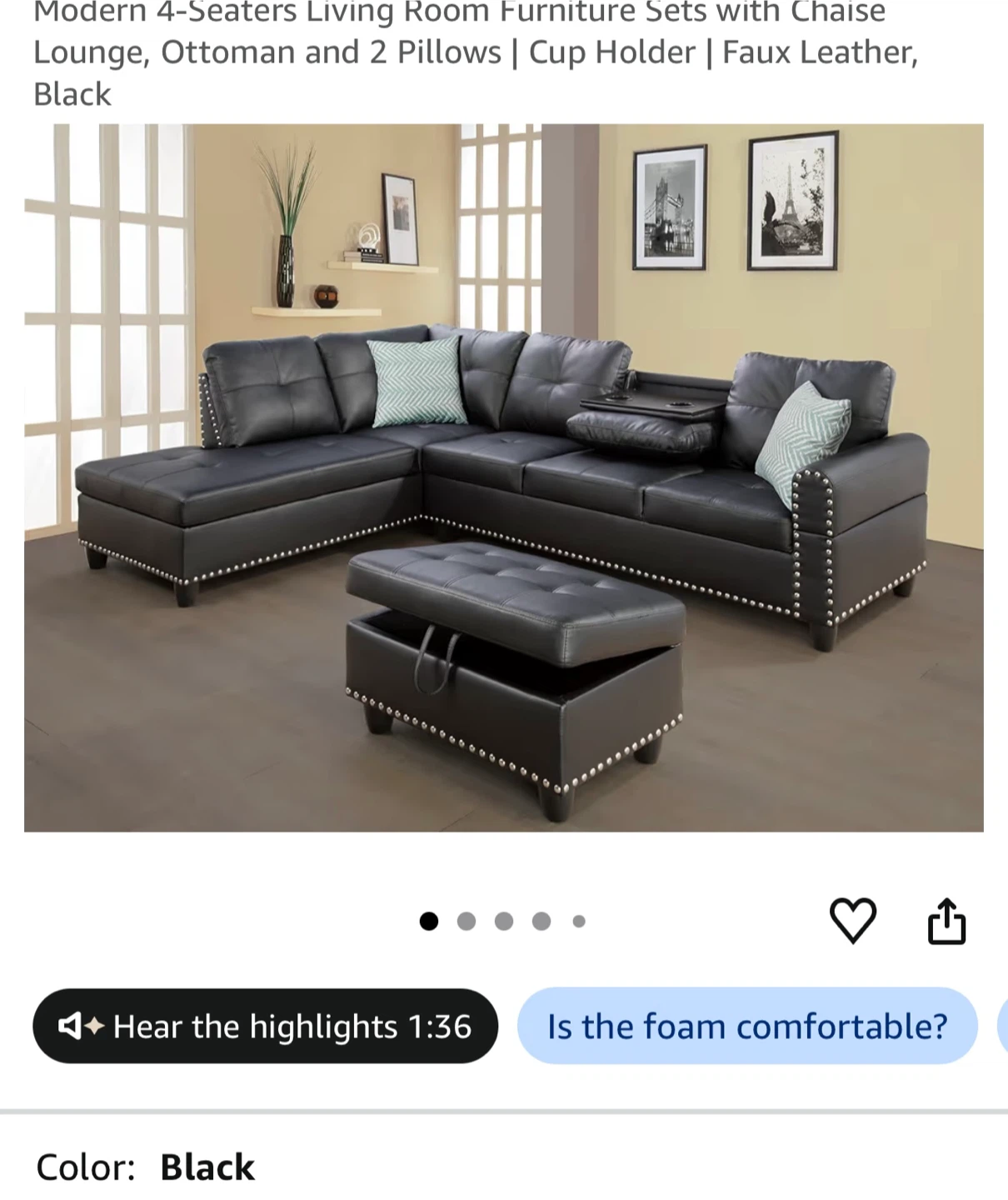 Black Faux Leather Sectional Sofa with Ottoman - photo 3