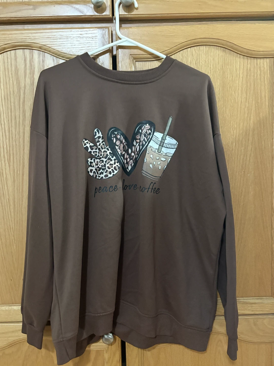 Brown Graphic Sweatshirt with Peace Love Coffee Design