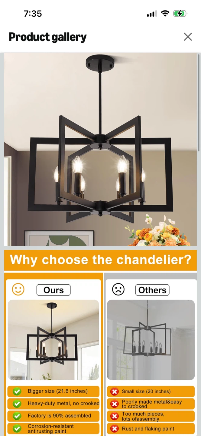 New-Matte Black 21.6" 6-Light Geometric Chandelier