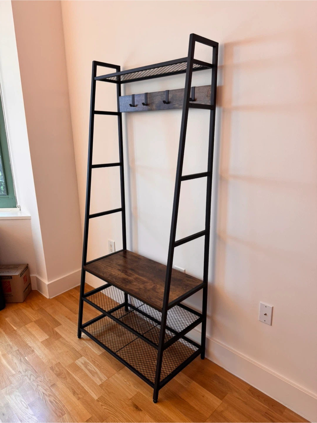 Entryway bench with shoe rack and 4 hooks
