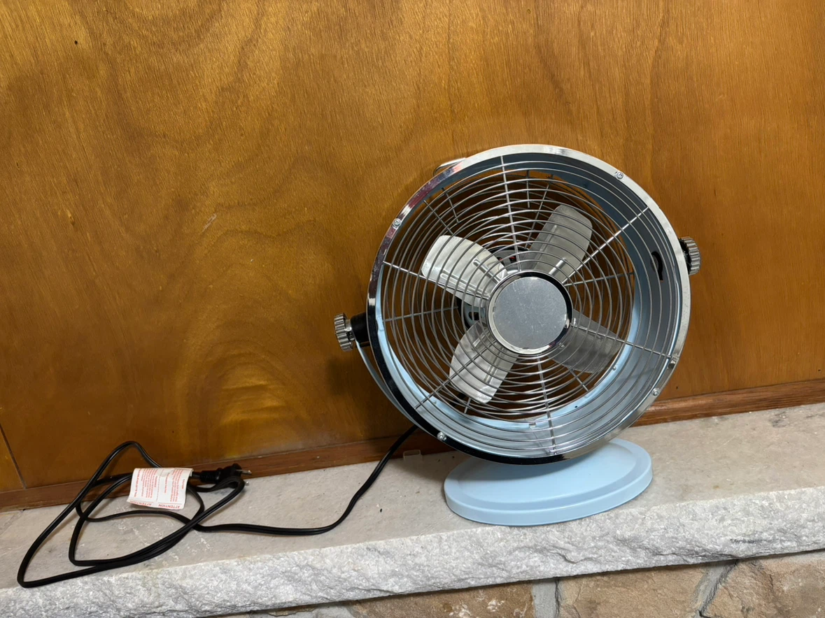 Light Blue Retro Desk Fan in working condition