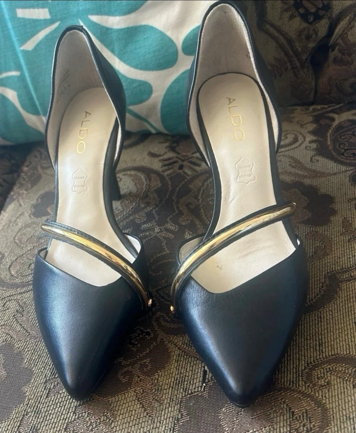 ALDO Black Pointed Toe Heels with Gold Accent