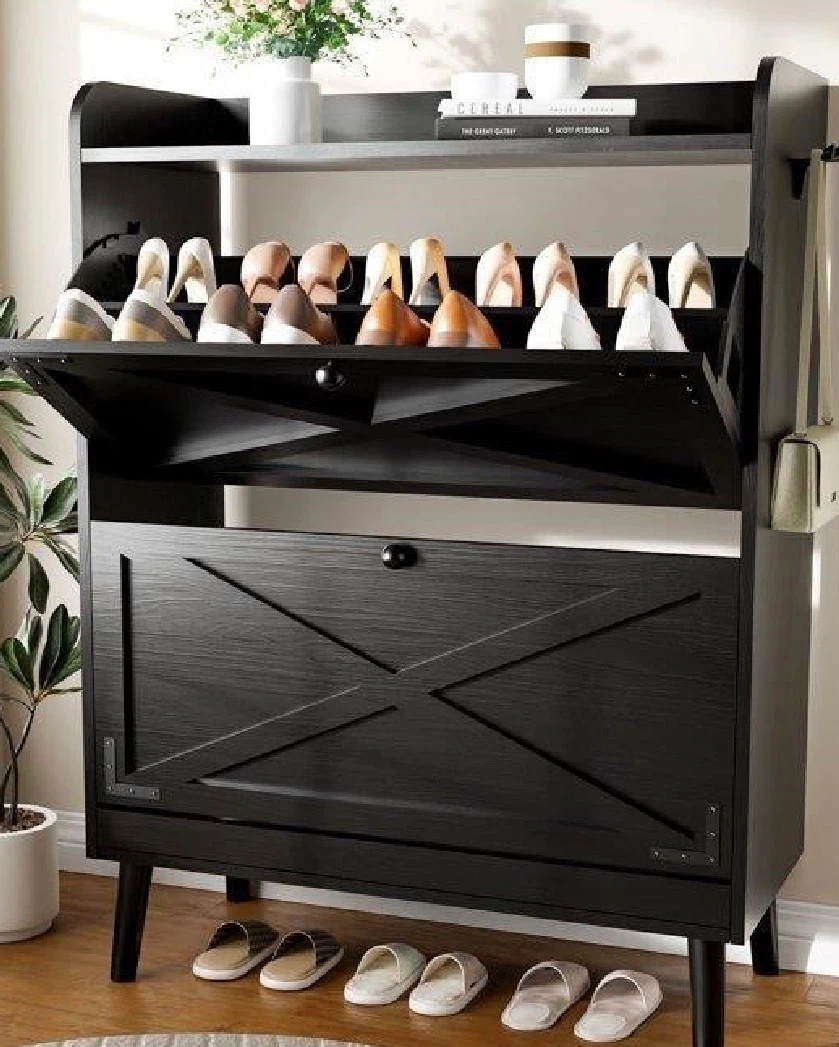 Black 2-Drawer Shoe Rack Cabinet