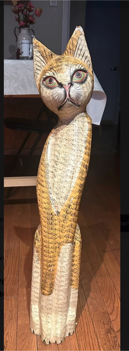 Carved Wooden Cat Statue - Orange and White Tabby