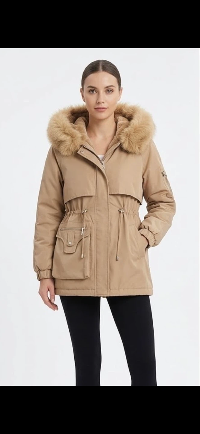 Brand New Beige Hooded Parka Jacket with Faux Fur Trim