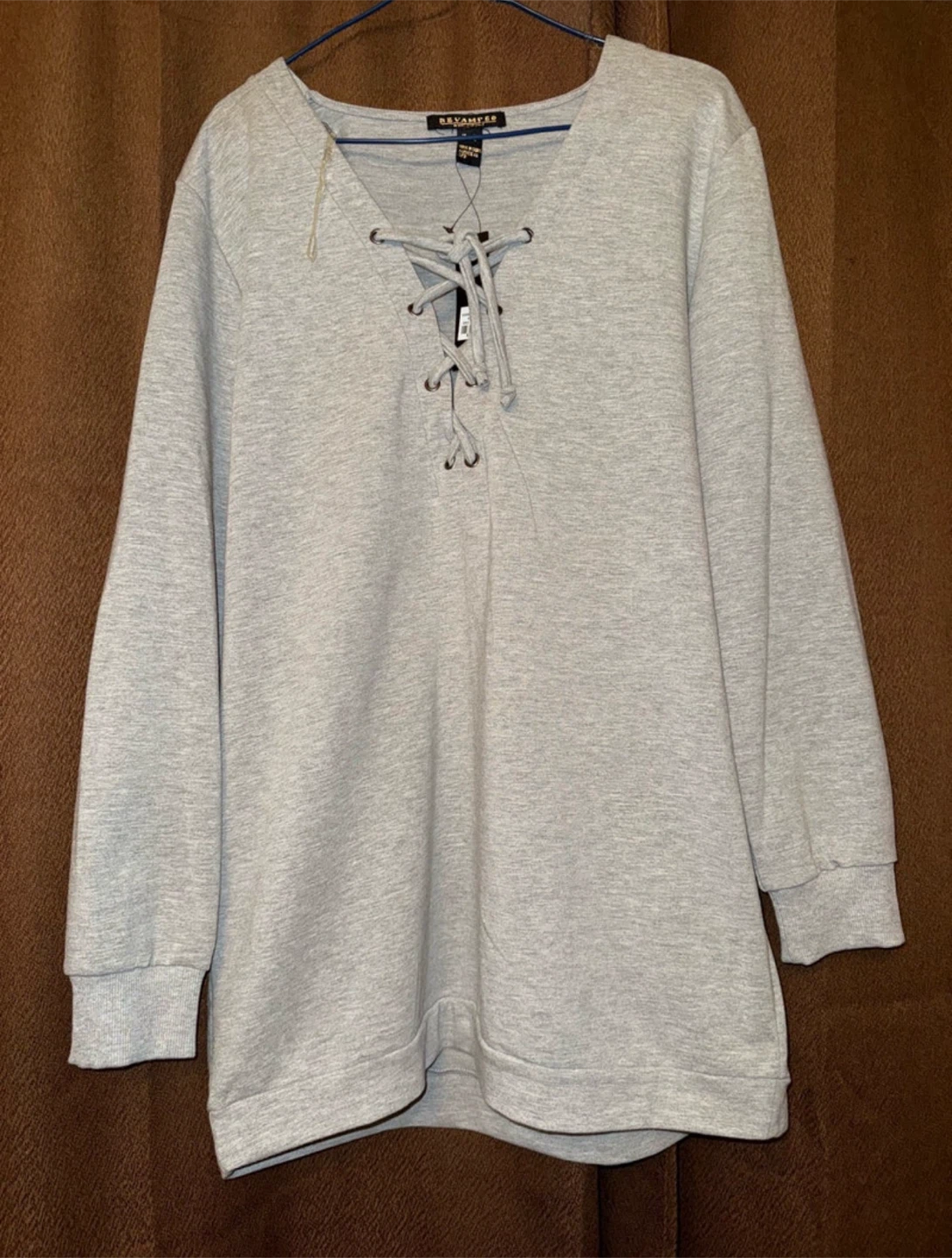 Revamped Grey Lace Up Long Sleeve Top