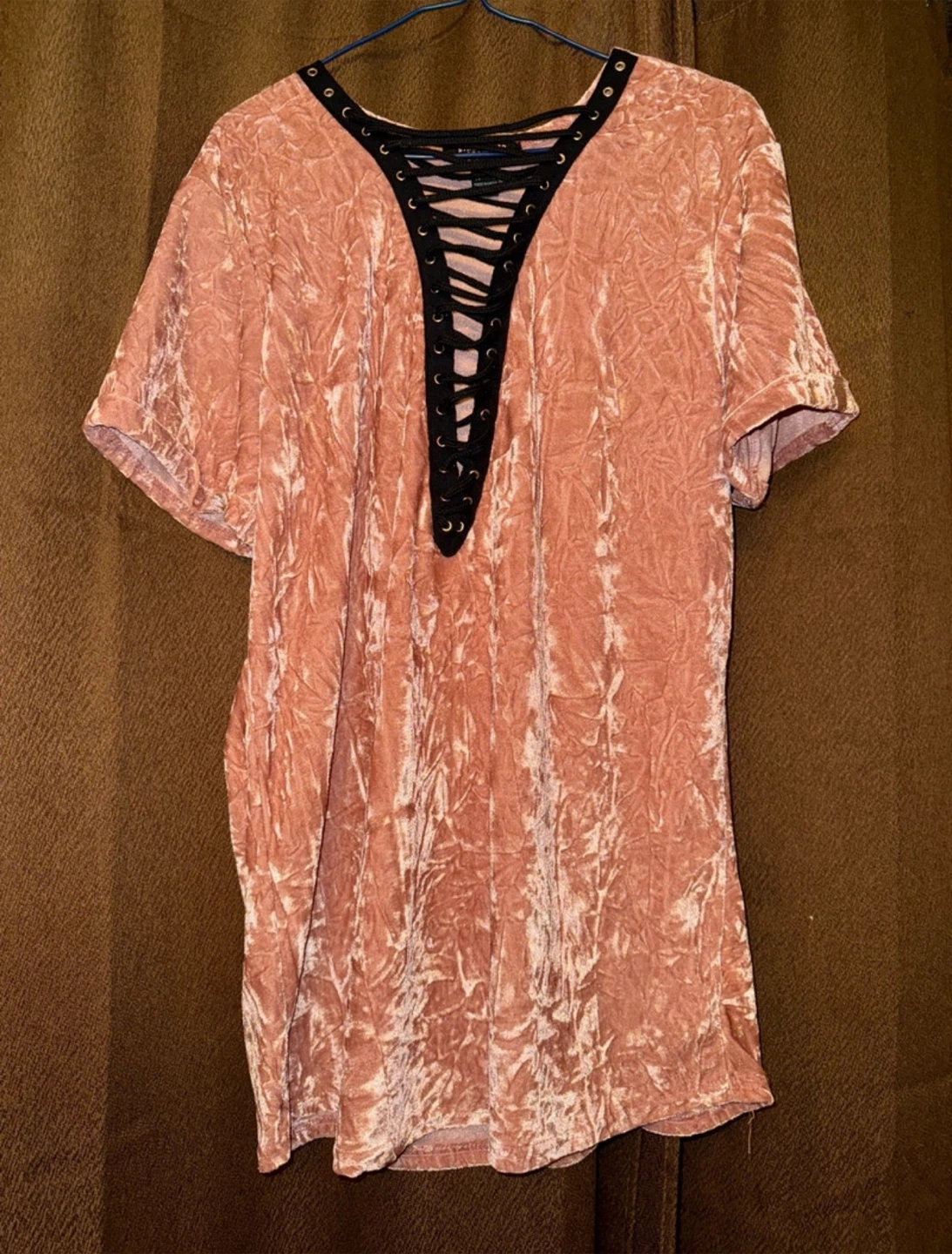 Urban Planet Pink Velvet Lace Up Short Sleeve Top