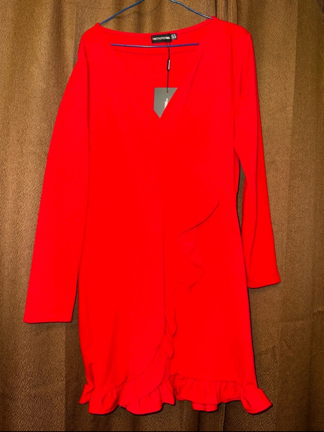 PrettyLittleThing Red Long Sleeve Ruffle Dress
