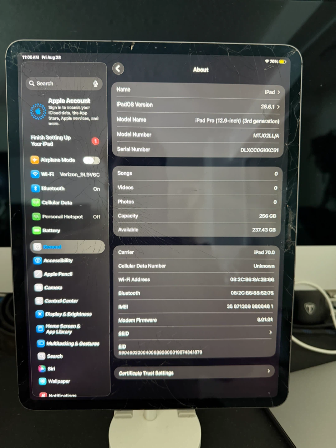Apple iPad Pro 12.9” 3rd Gen 256GB WiFi Cellular Cracked