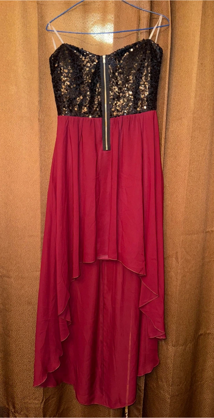 G.L.A.M Sequin Top High Low Dress in Burgundy and Black