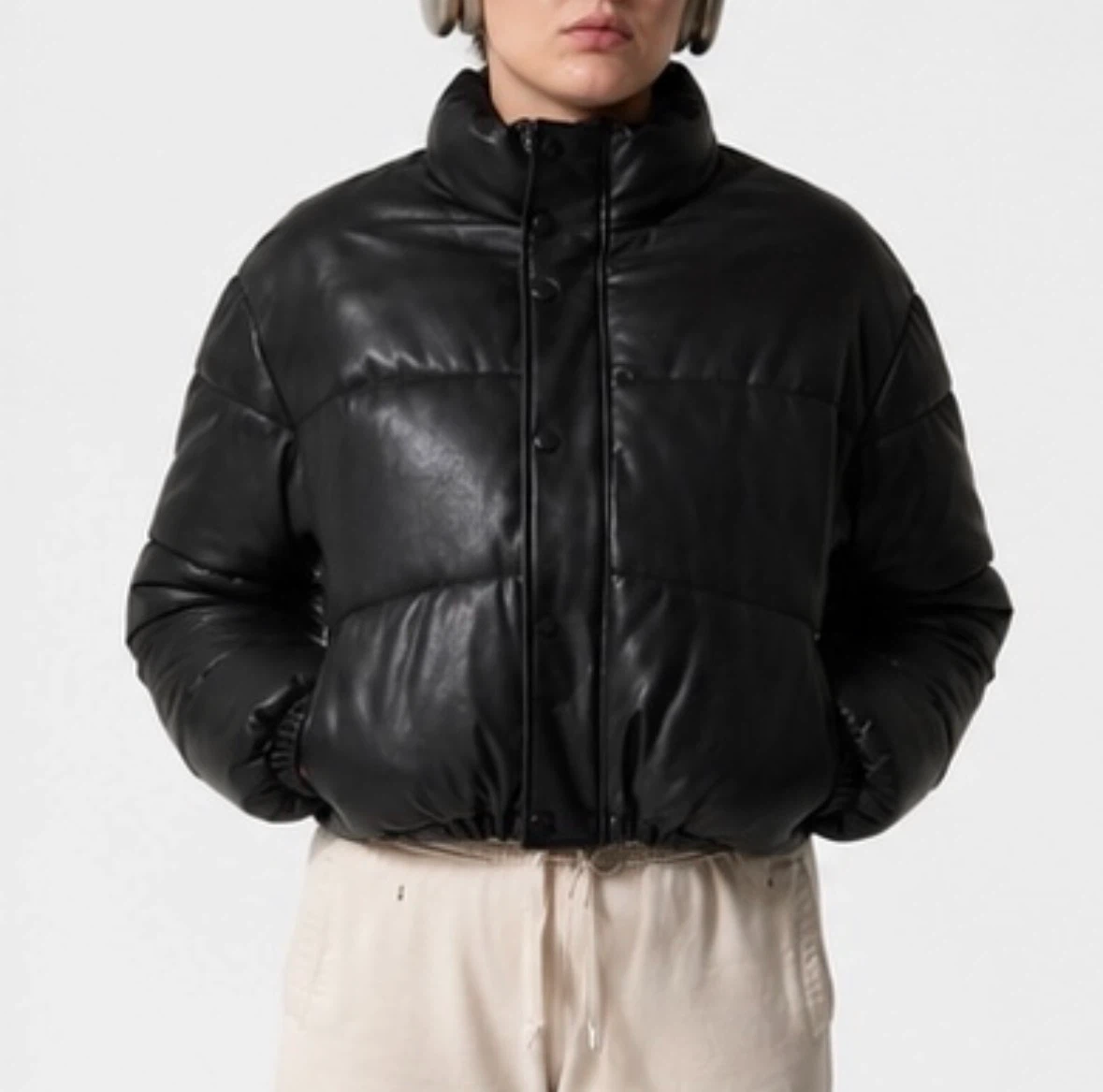 Black Cropped Faux Leather Puffer Jacket