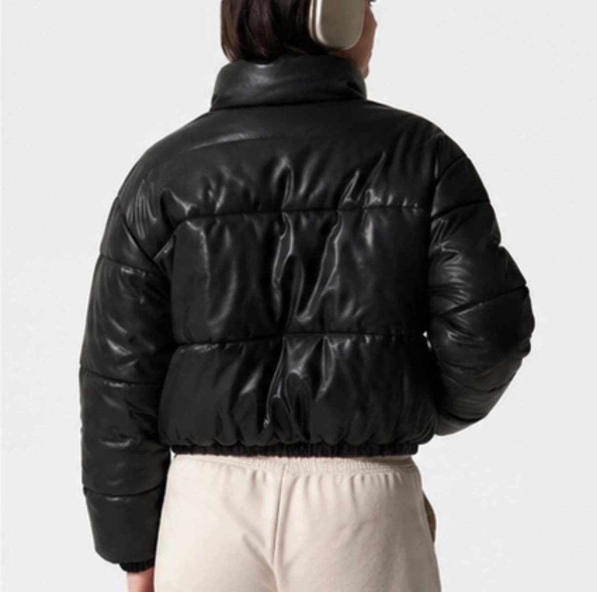 Black Cropped Faux Leather Puffer Jacket - photo 2