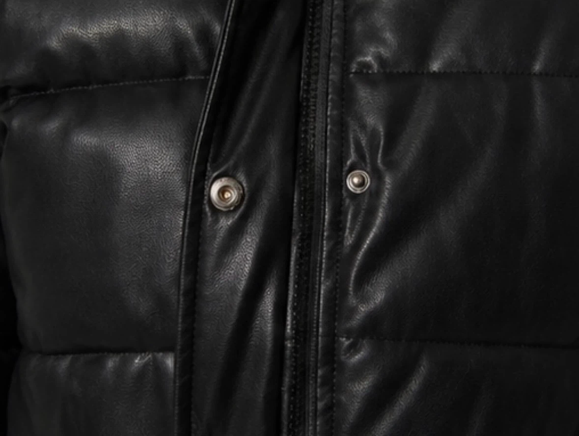 Black Cropped Faux Leather Puffer Jacket - photo 3
