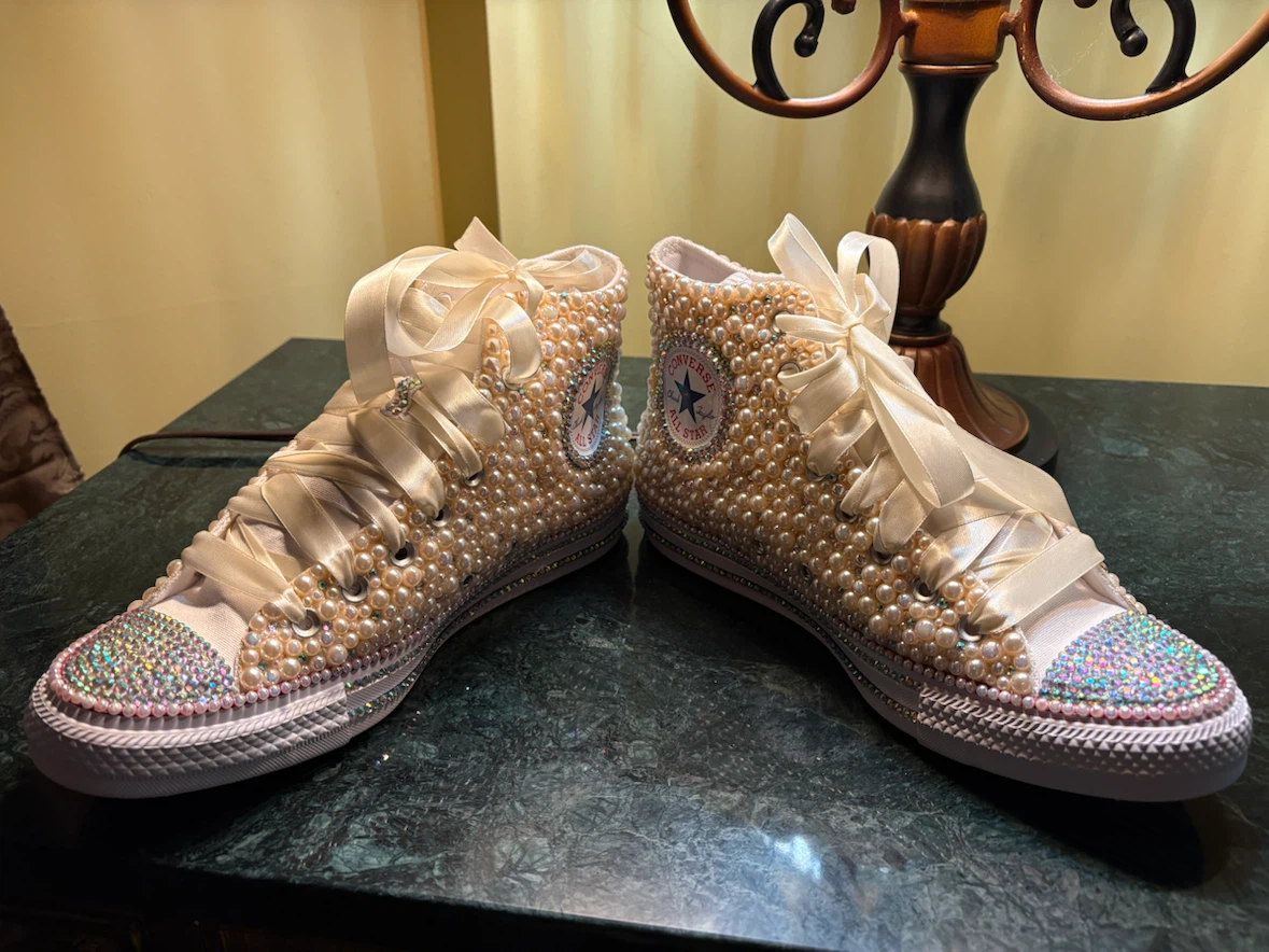 Custom Pearl & Rhinestone Converse All Star High Top Sneakers