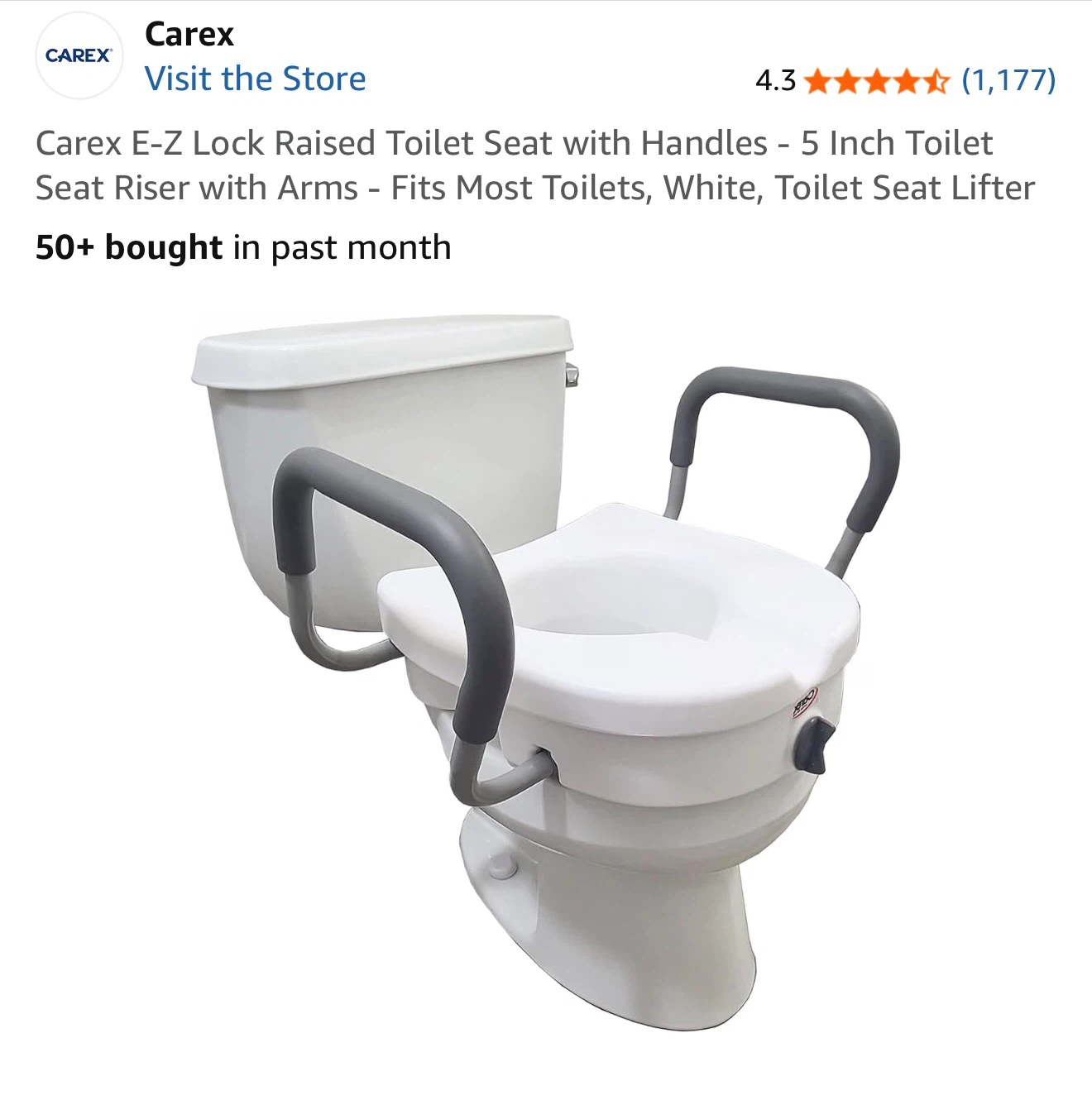 Carex E-Z Lock Raised Toilet Seat with Handles - 5 Inch