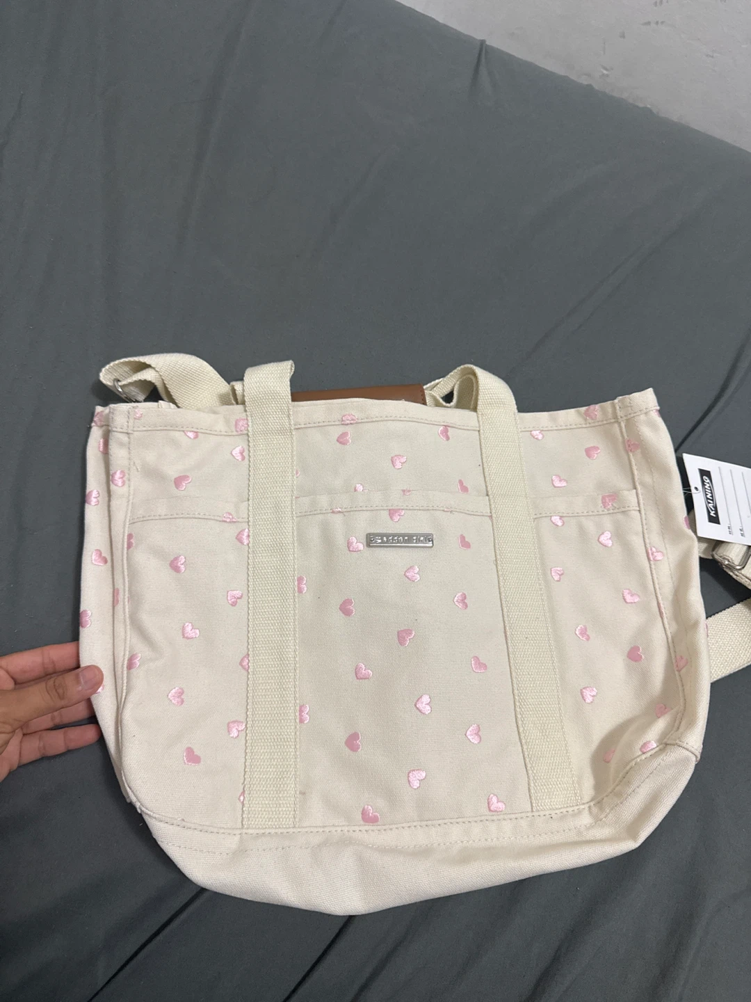 Cream Canvas Tote Bag with Pink Hearts