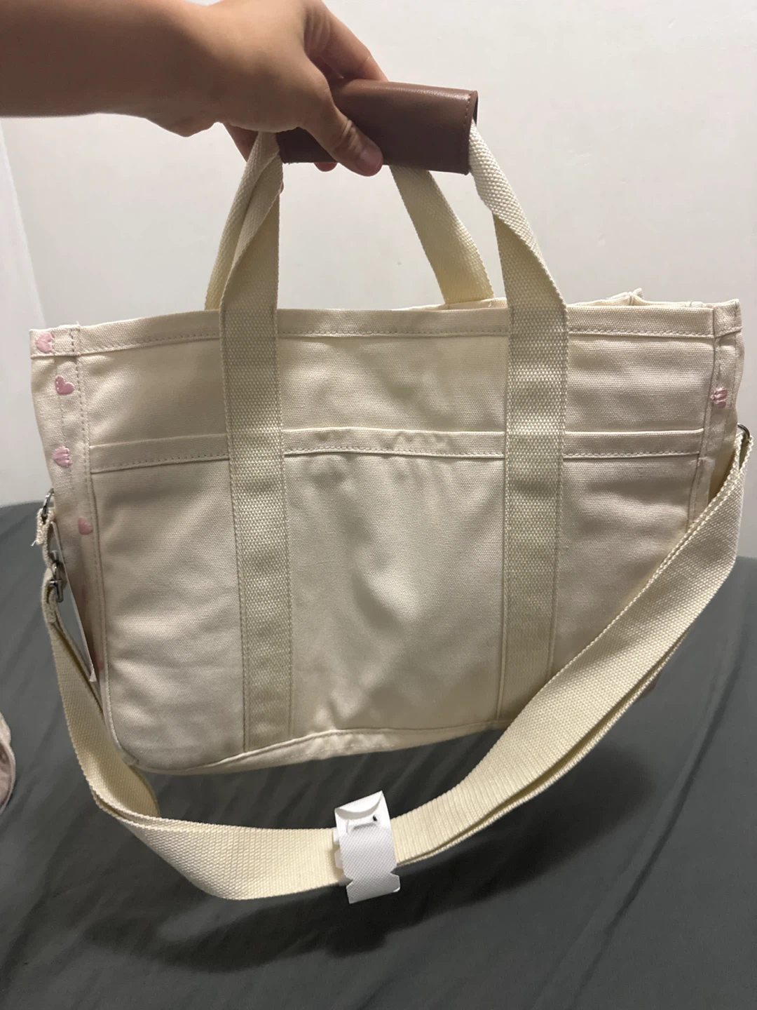 Cream Canvas Tote Bag with Pink Hearts - photo 3