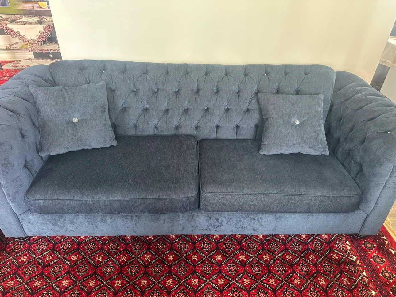 Blue Tufted Chesterfield Sofa with Accent Pillows