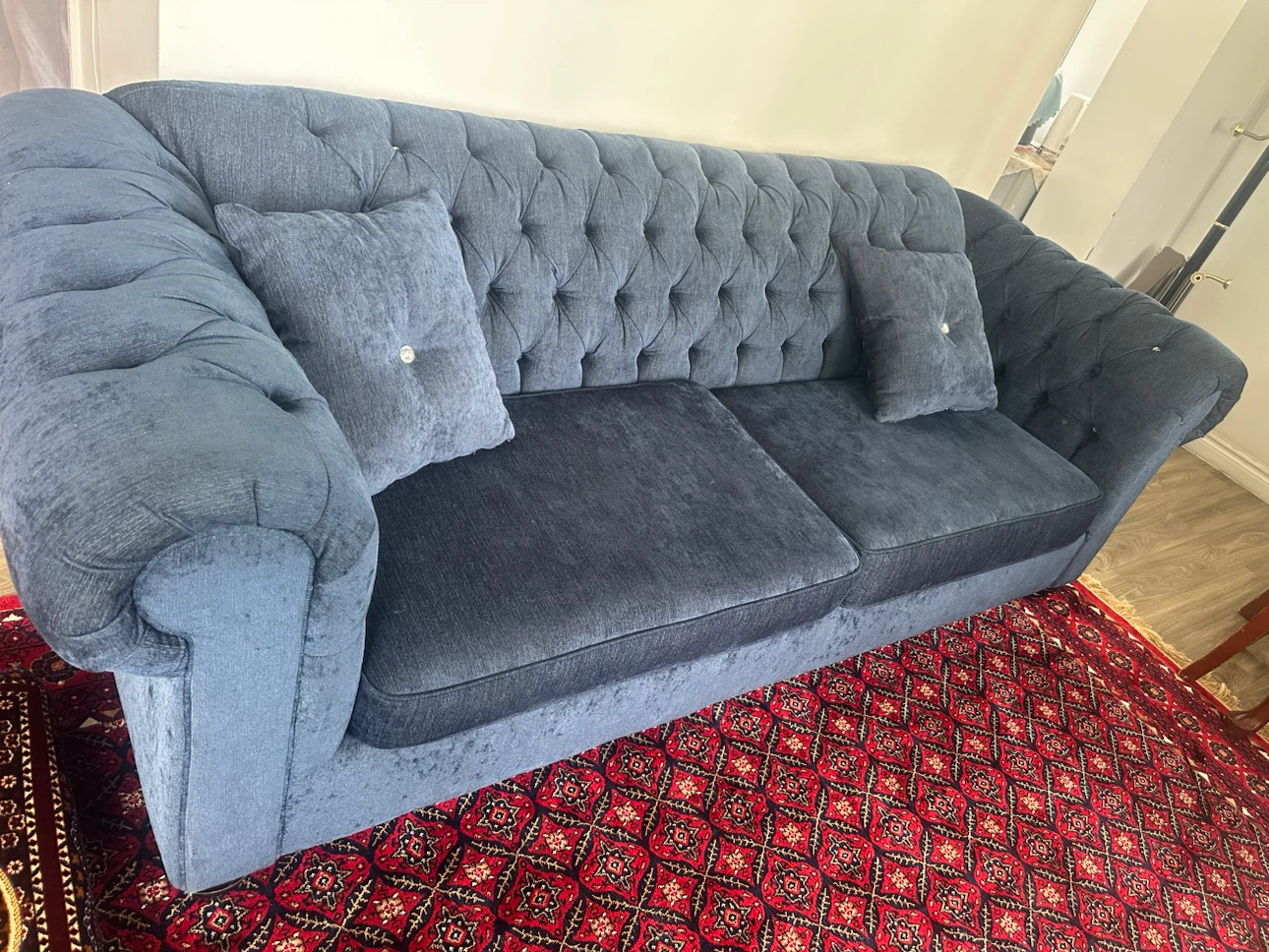 Blue Tufted Chesterfield Sofa with Accent Pillows - photo 2