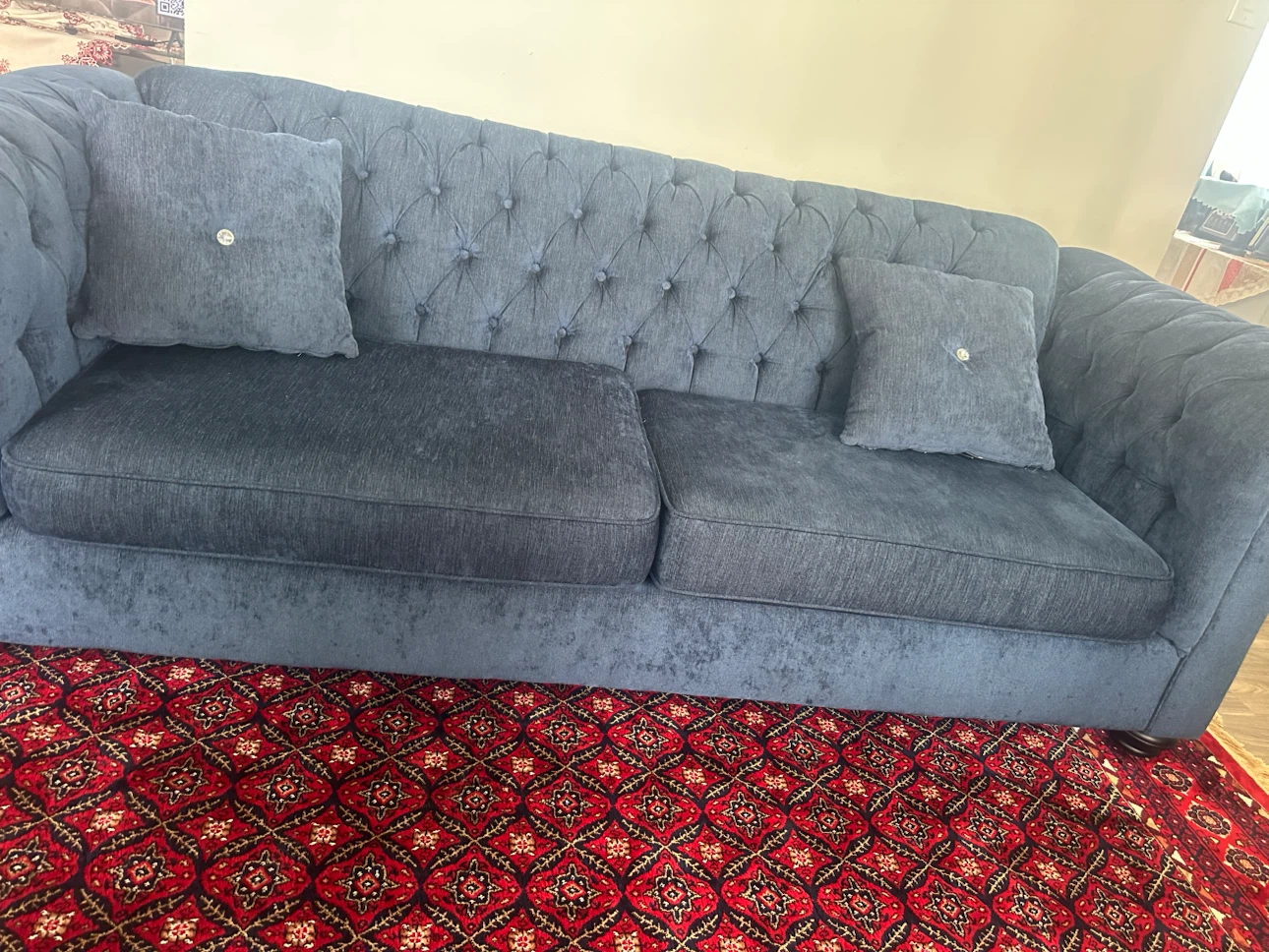 Blue Tufted Chesterfield Sofa with Accent Pillows - photo 3