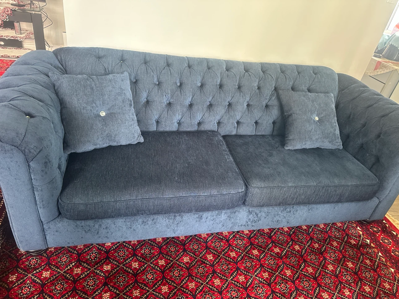 Blue Tufted Chesterfield Sofa with Accent Pillows - photo 4