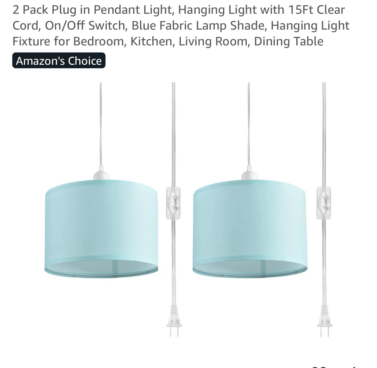 2 Pack Plug-in Pendant Lights Blue Fabric Shade