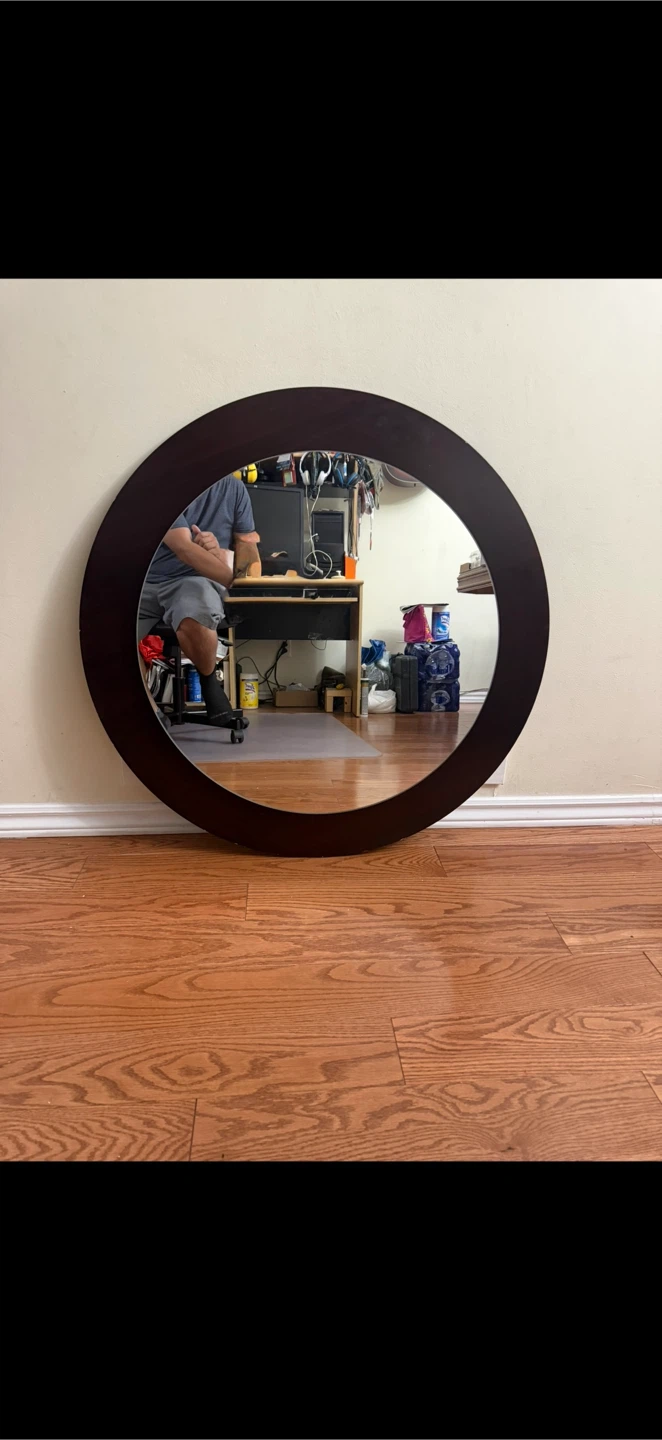 Beautiful Round Mirror with Dark Wood Frame