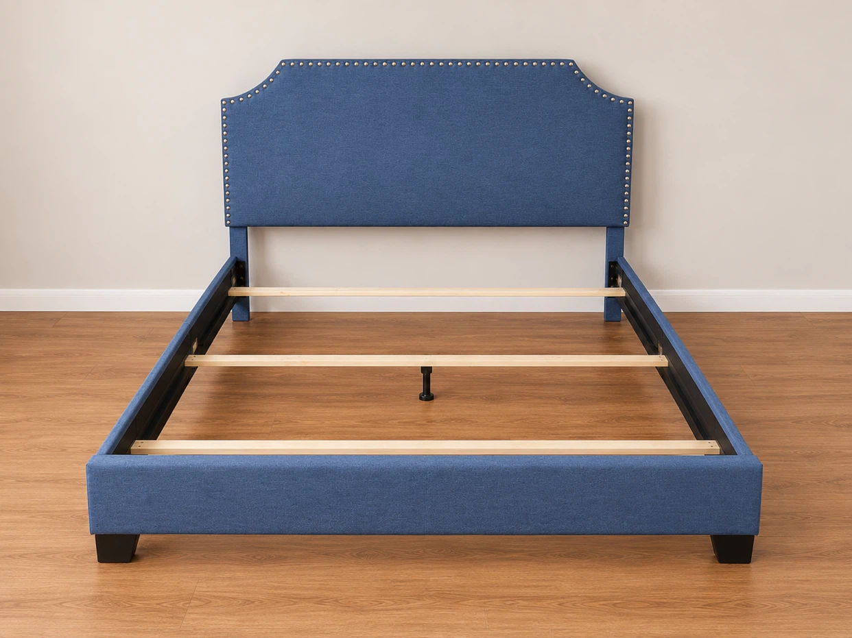 Blue Upholstered Bed Frame with Tufted Headboard