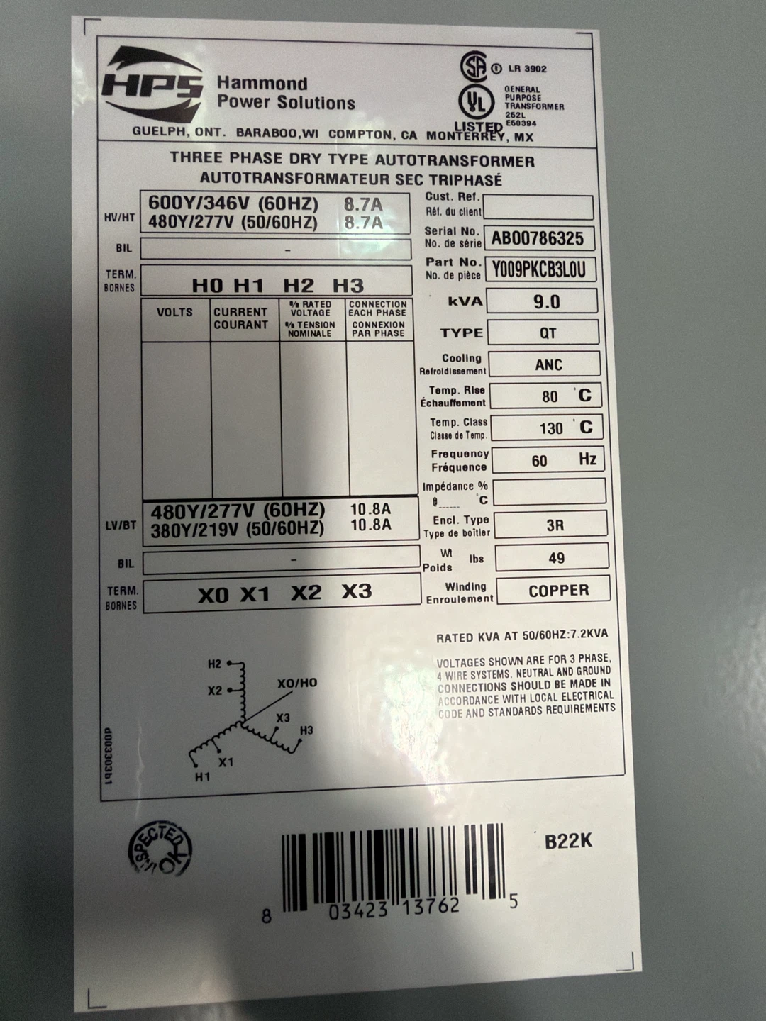 Autotransformer 600V/346V (60Hz) 8.7A. 480V/277V (60Hz)