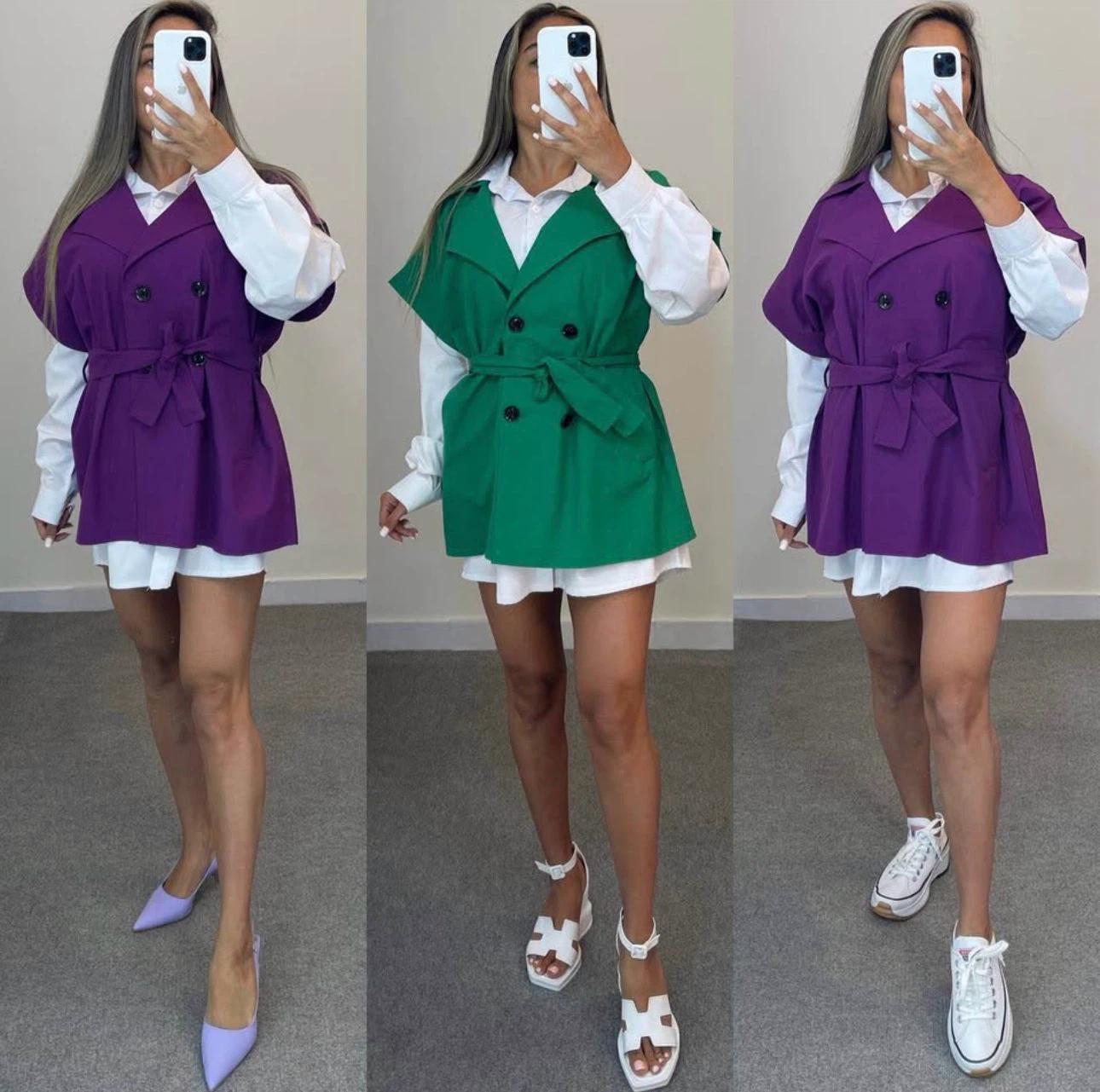Women's Green & Purple Short Sleeve Double-Breasted Vest - photo 3