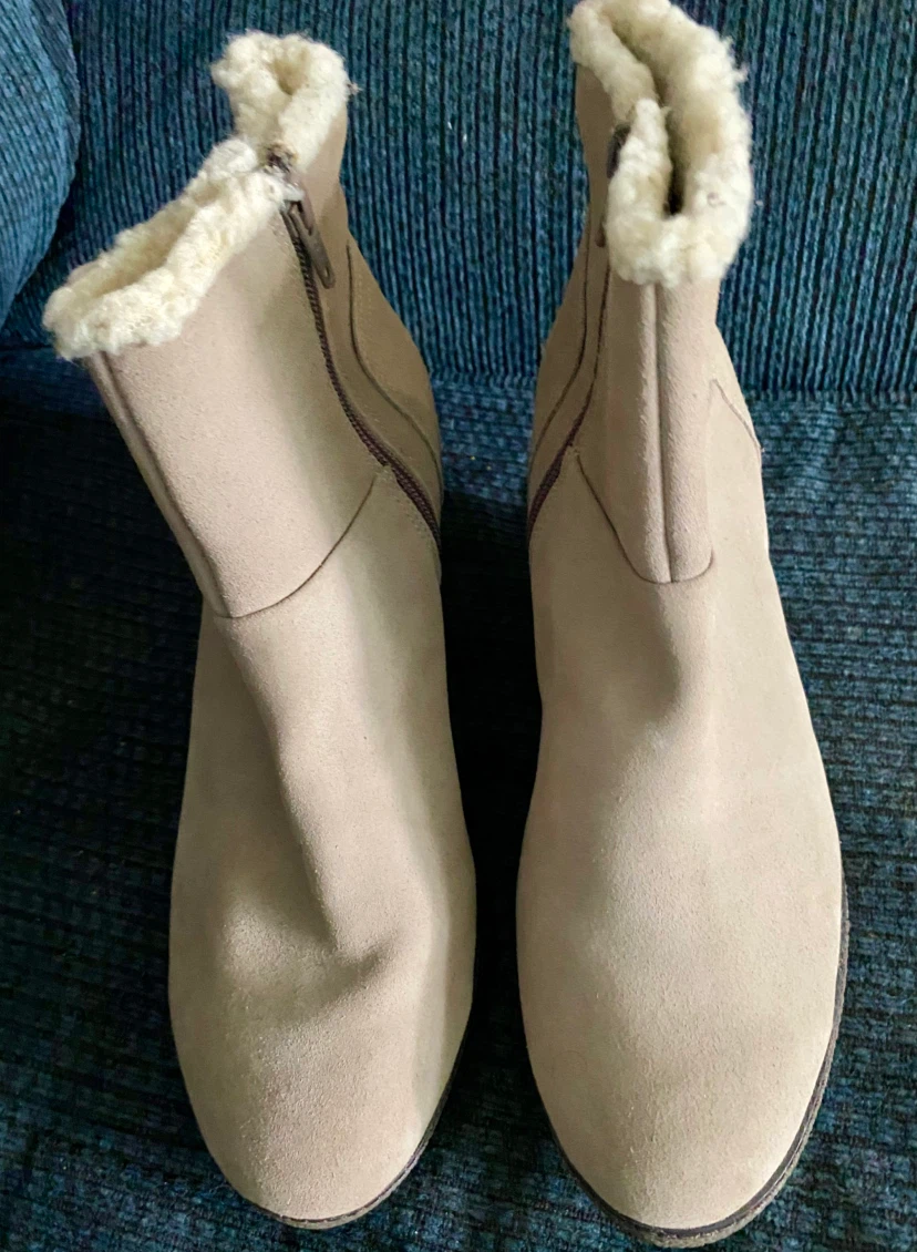 Hush puppies Beige Suede Wedge Ankle Boots with Faux Fur Trim