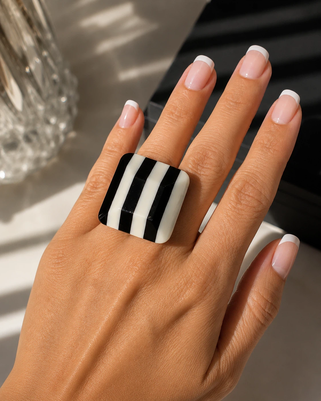 Black and White Striped Resin Ring