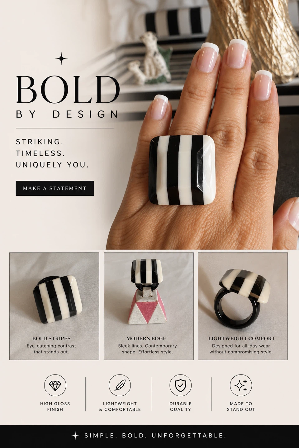 Black and White Striped Resin Ring - photo 2