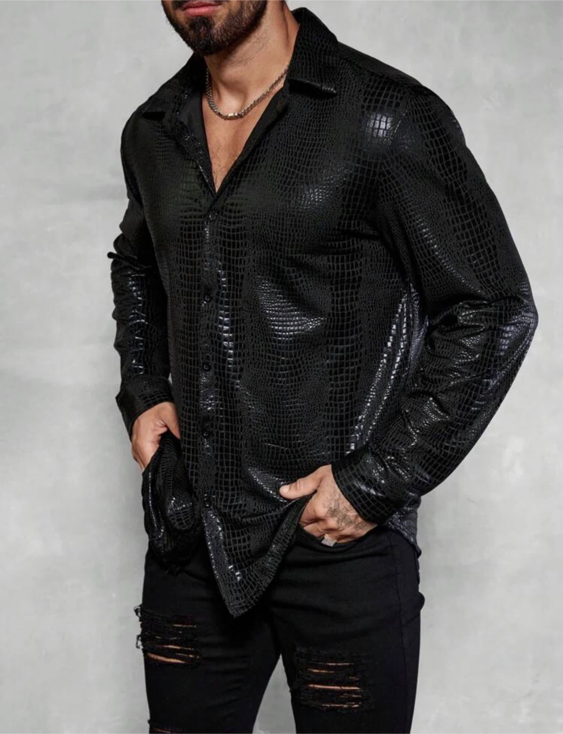 Black Crocodile Print Button-Up Shirt