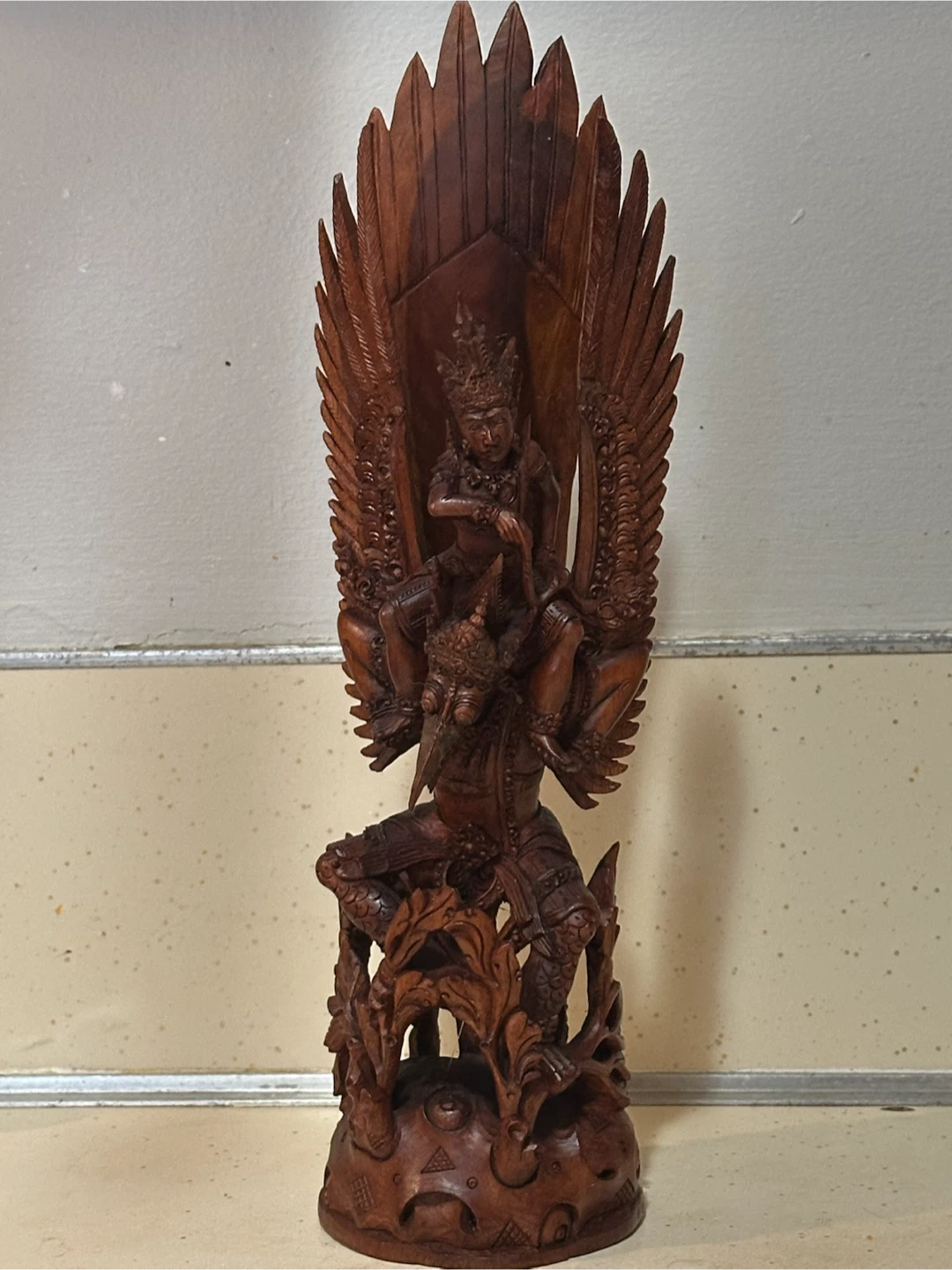 Vintage Balinese Wood Statue Vishnu Riding Garuda 11.75