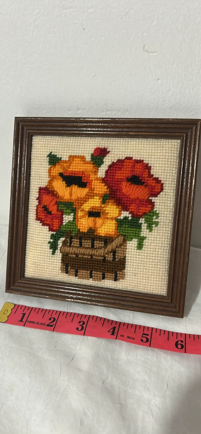 Framed Needlepoint Floral Basket Art