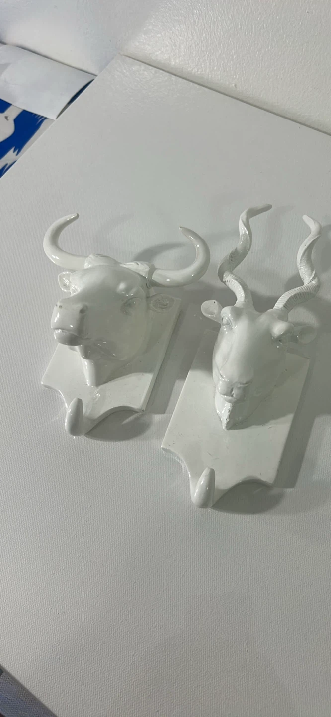 White Ceramic Animal Head Wall Hooks - Bull and Antelope