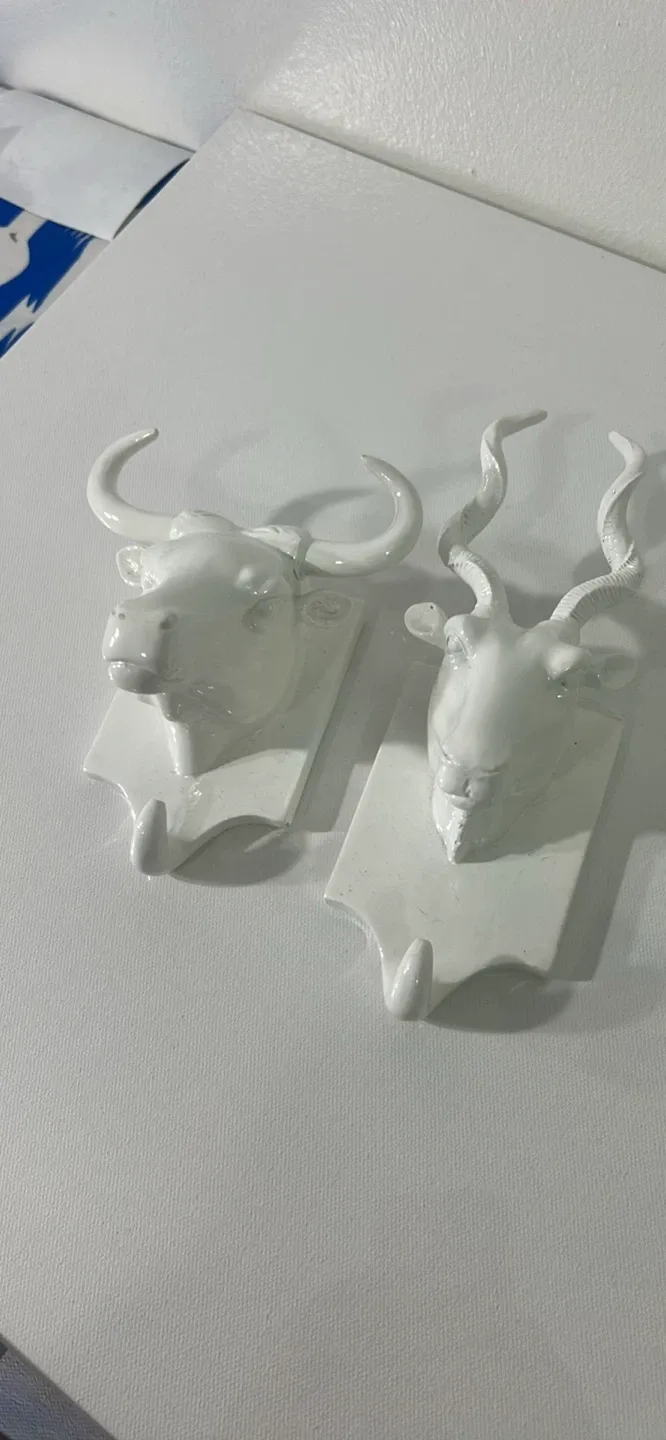 White Ceramic Animal Head Wall Hooks - Bull and Antelope