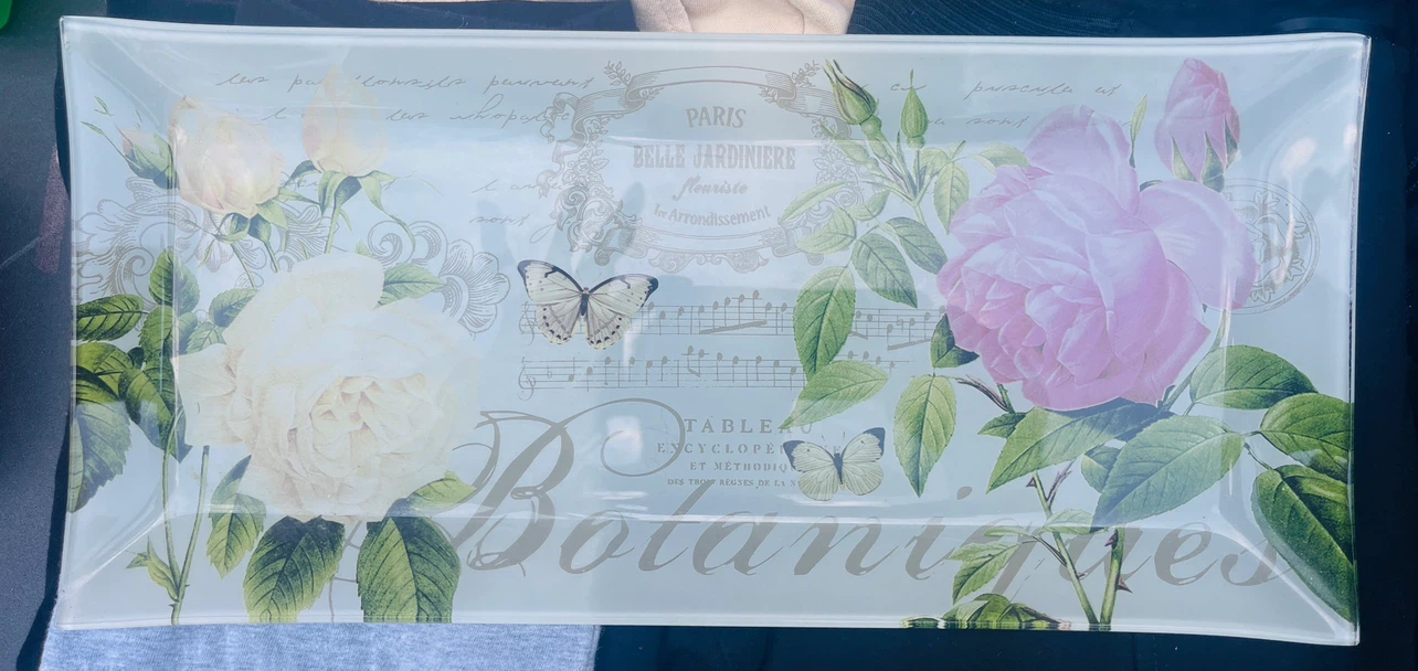 Decorative Glass Tray with Roses and Butterflies
