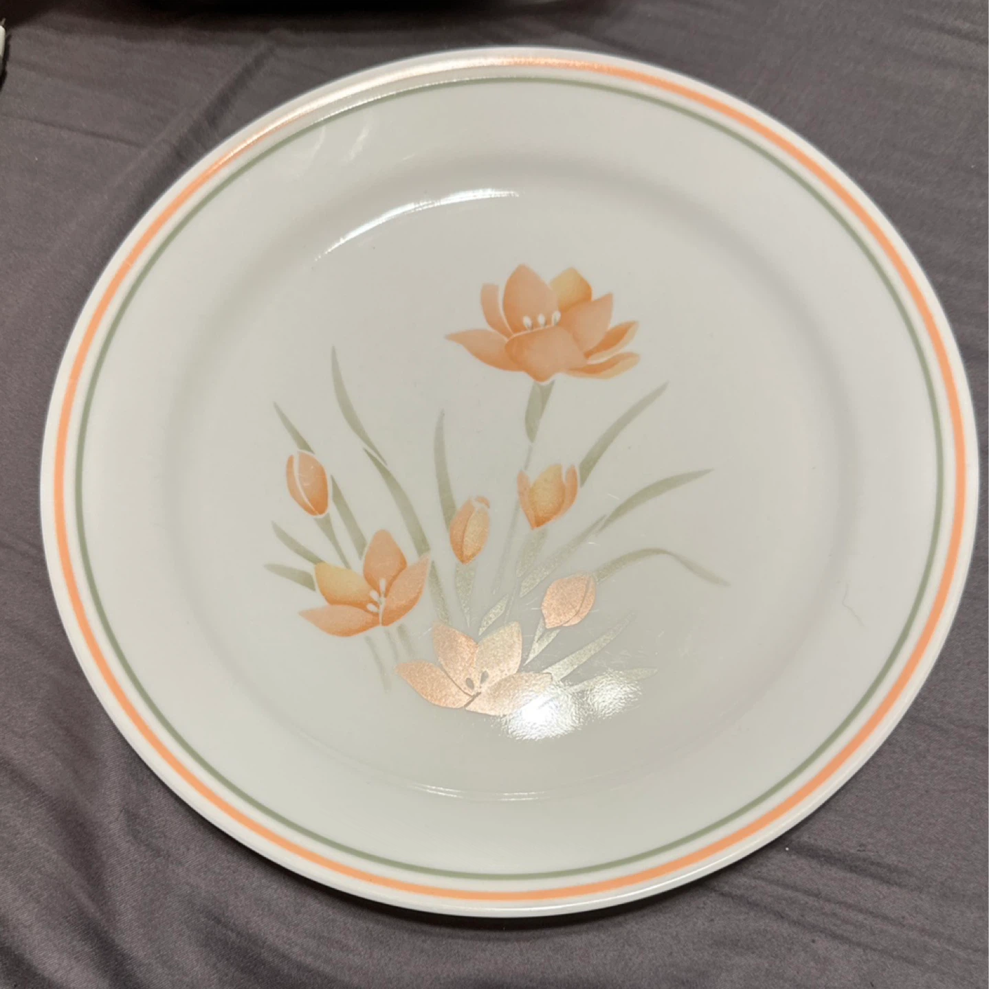 8 Corelle Plates with peach Floral Design