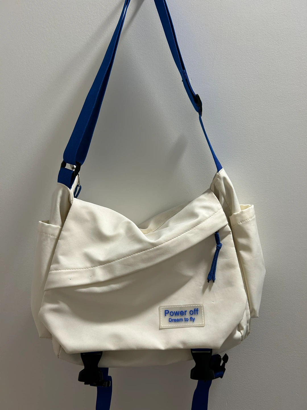 White Messenger Bag with Blue Straps
