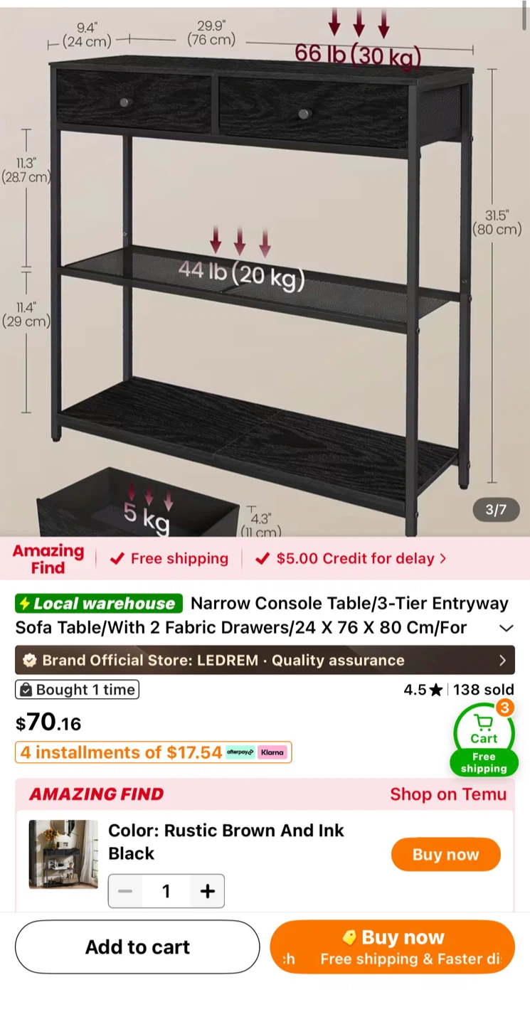 3-Tier Narrow Console / Entryway Table with 2 Drawers – Like New - photo 2