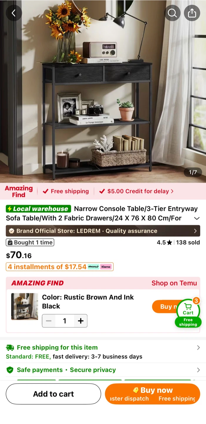 3-Tier Narrow Console / Entryway Table with 2 Drawers – Like New - photo 3