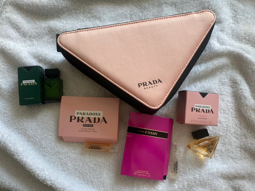 Prada Beauty Triangle Cosmetic Bag with Fragrance Samples