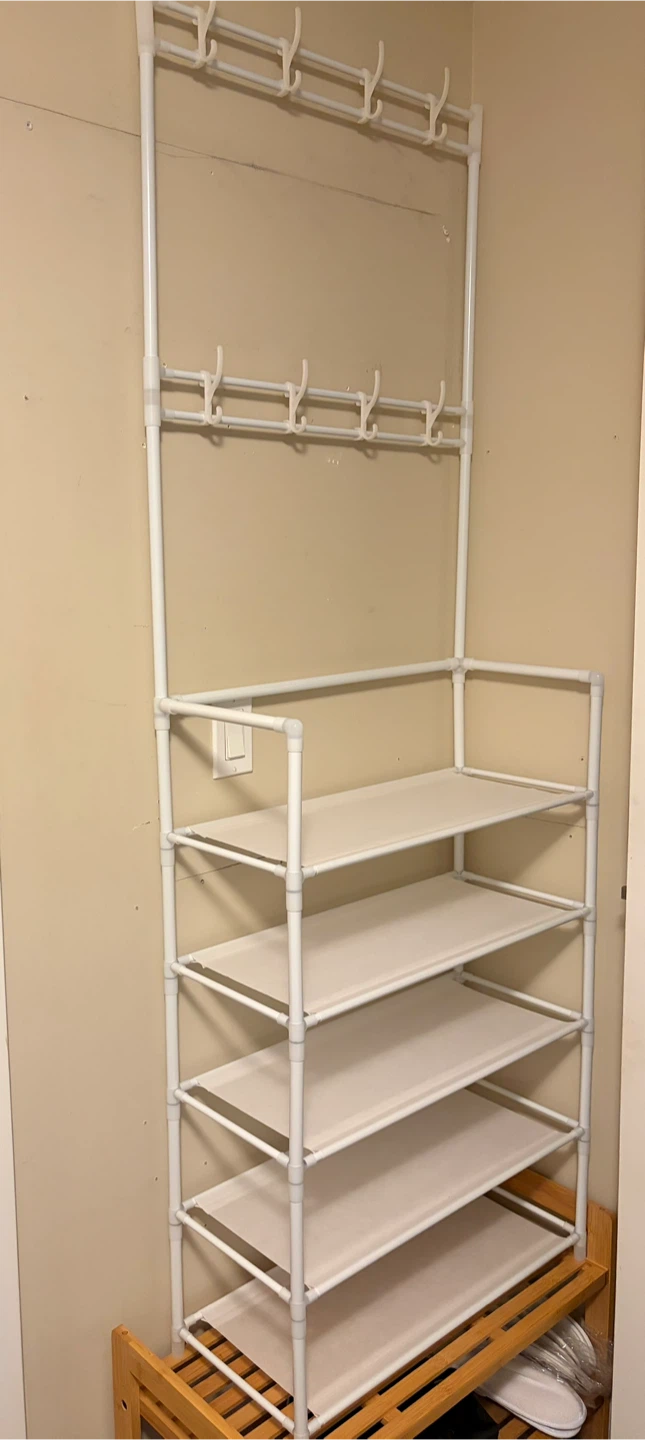 White 5 Tier Shoe Rack with 8 Hooks