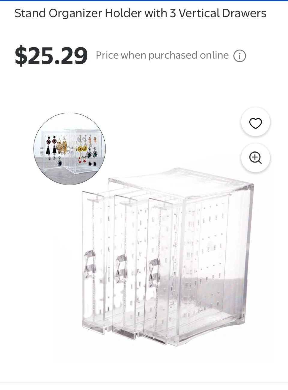 New in Box Clear Acrylic Earring Organizer Stand with 3 Drawers