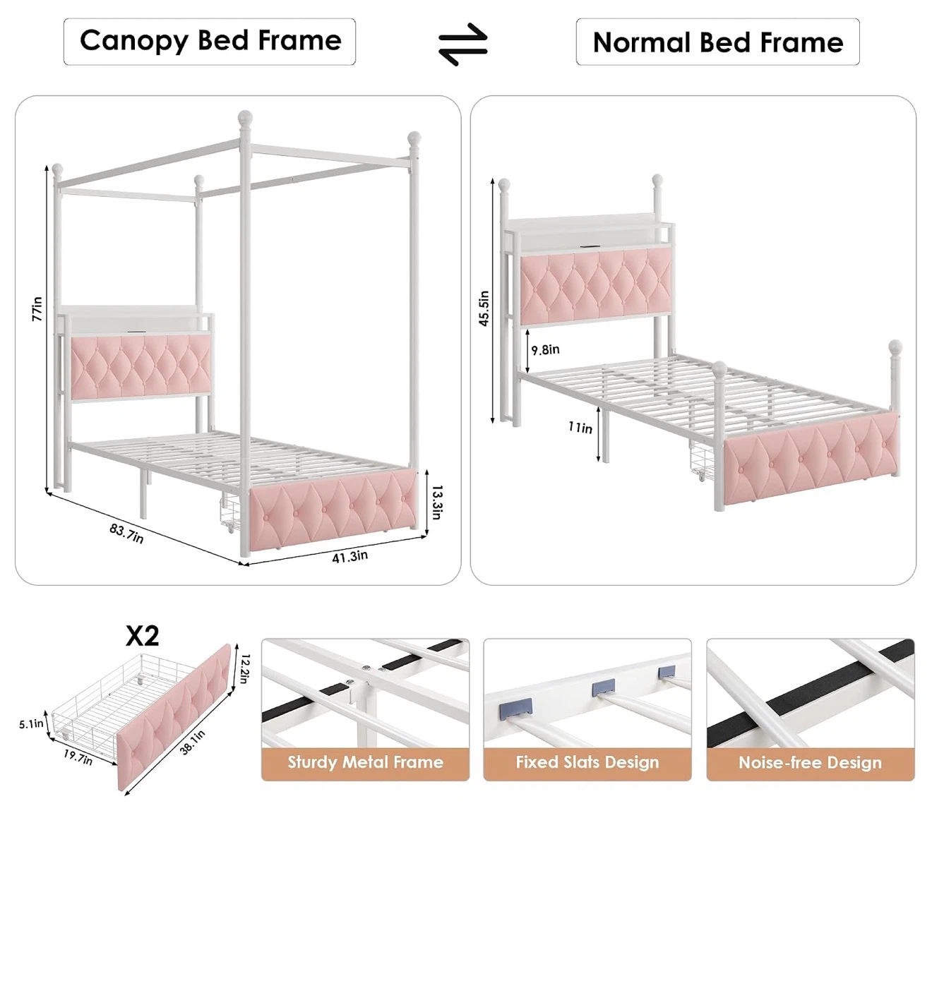 White Twin Size Canopy Bed Frame with Pink Headboard